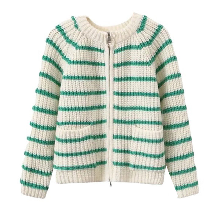 STRIPED KNIT ZIP-UP CARDIGAN FOR WOMEN
