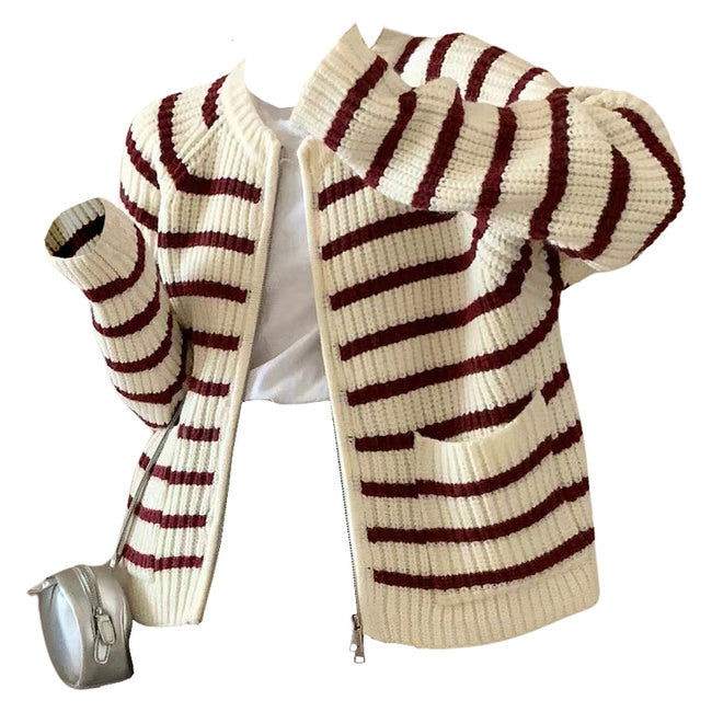 STRIPED KNIT ZIP-UP CARDIGAN FOR WOMEN