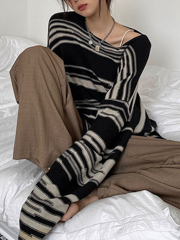 STRIPED LONG-SLEEVED KNIT TOP WITH CREW NECK IN LOOSE FIT CASUAL STREET STYLE