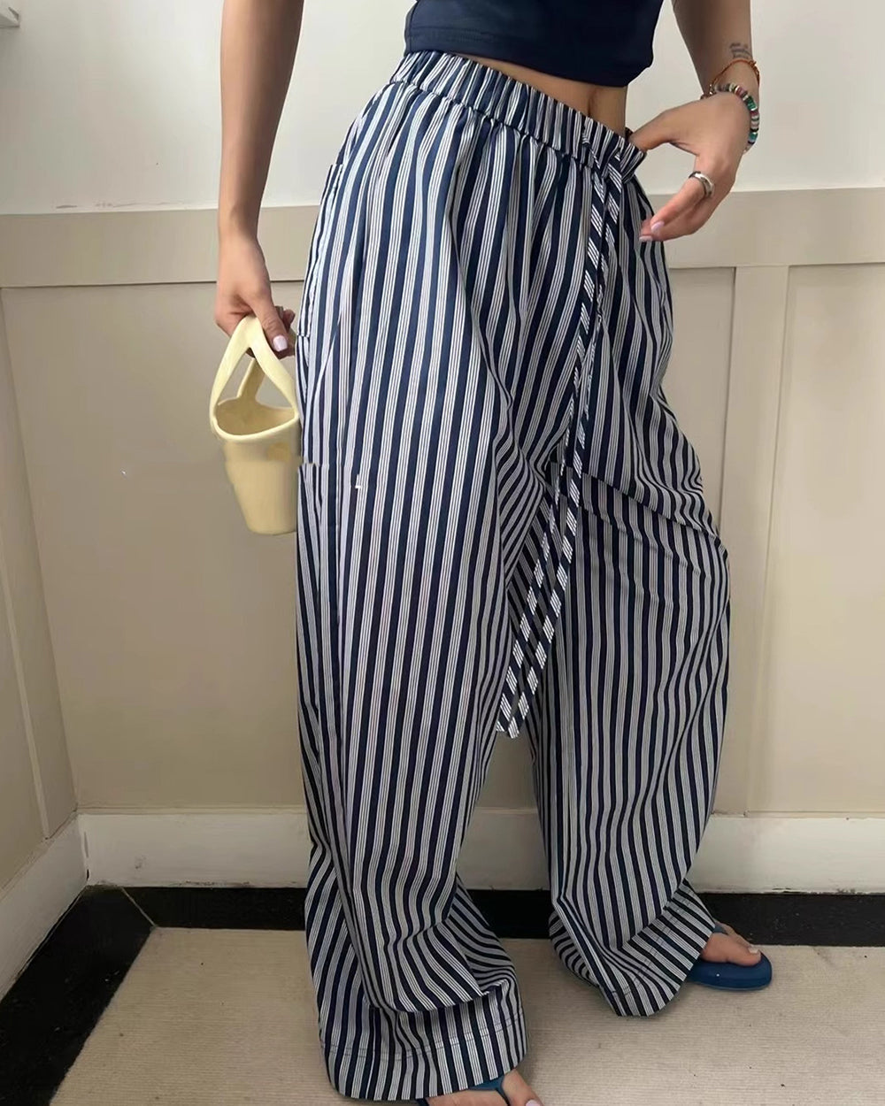 STRIPED PANTS SUMMER STRIPES WITH ADJUSTABLE DRAWSTRING WAIST