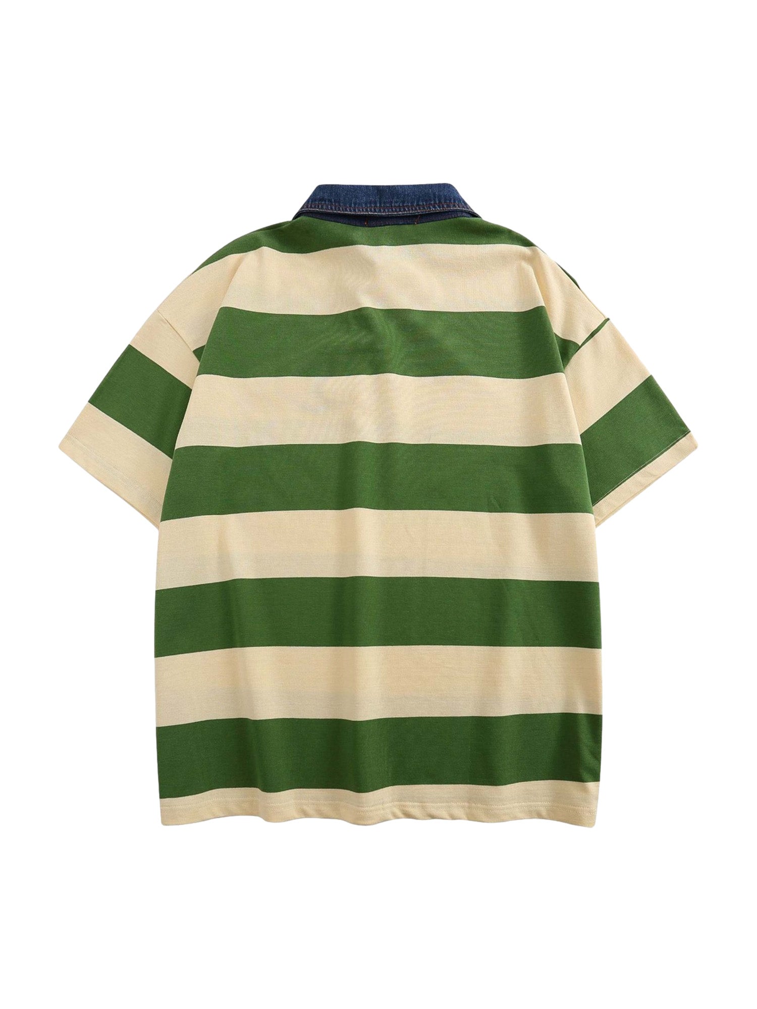 STRIPED POLO SHIRT WITH DENIM COLLAR - EMBROIDERED CASUAL POLO