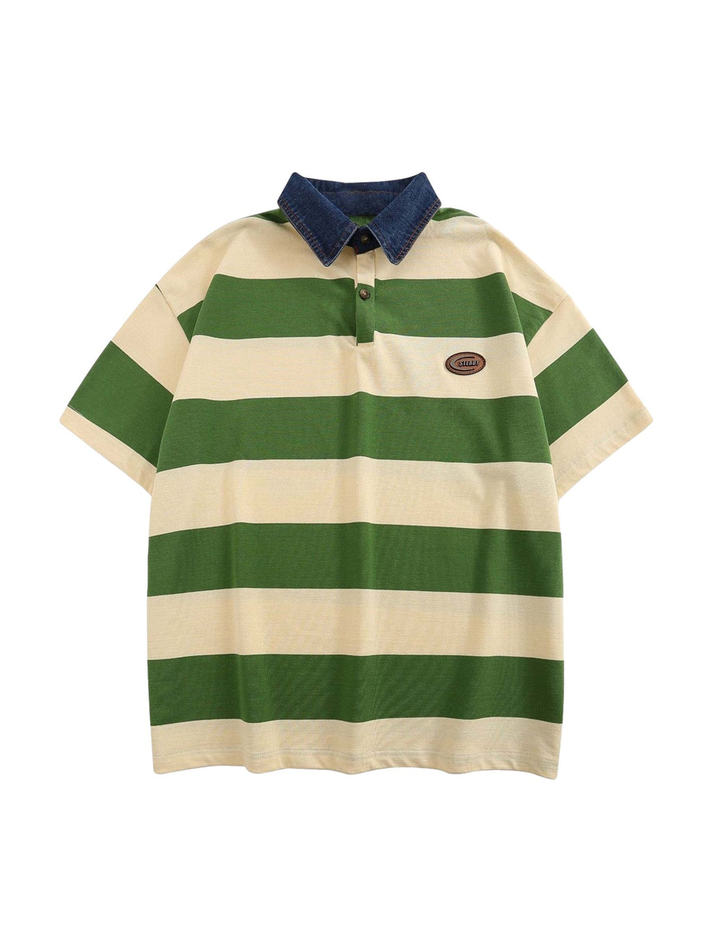 STRIPED POLO SHIRT WITH DENIM COLLAR - EMBROIDERED CASUAL POLO