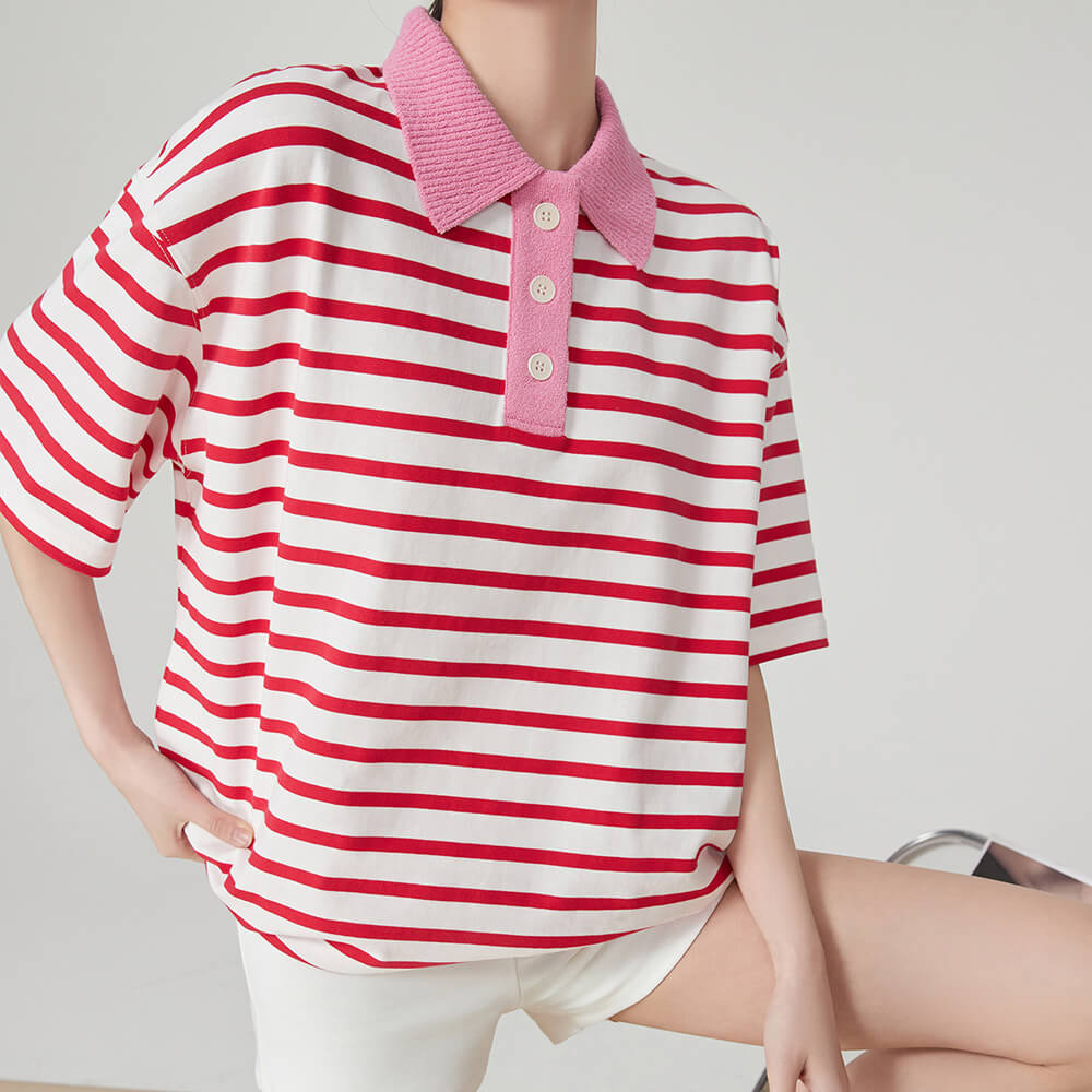 STRIPED POLO SHIRT WITH PINK COLLAR FOR MEN