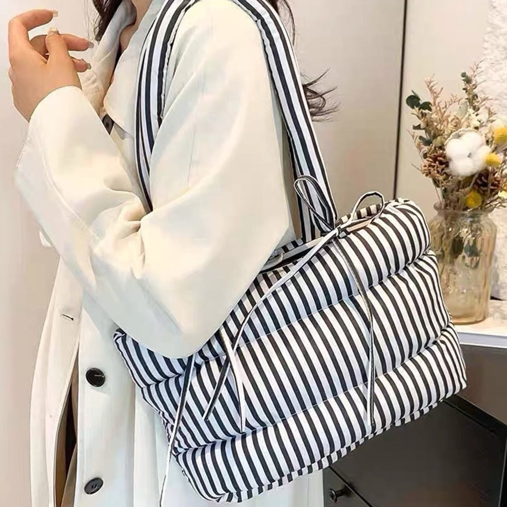 STRIPED PUFFER TOTE BAG WITH RIBBON BOWS