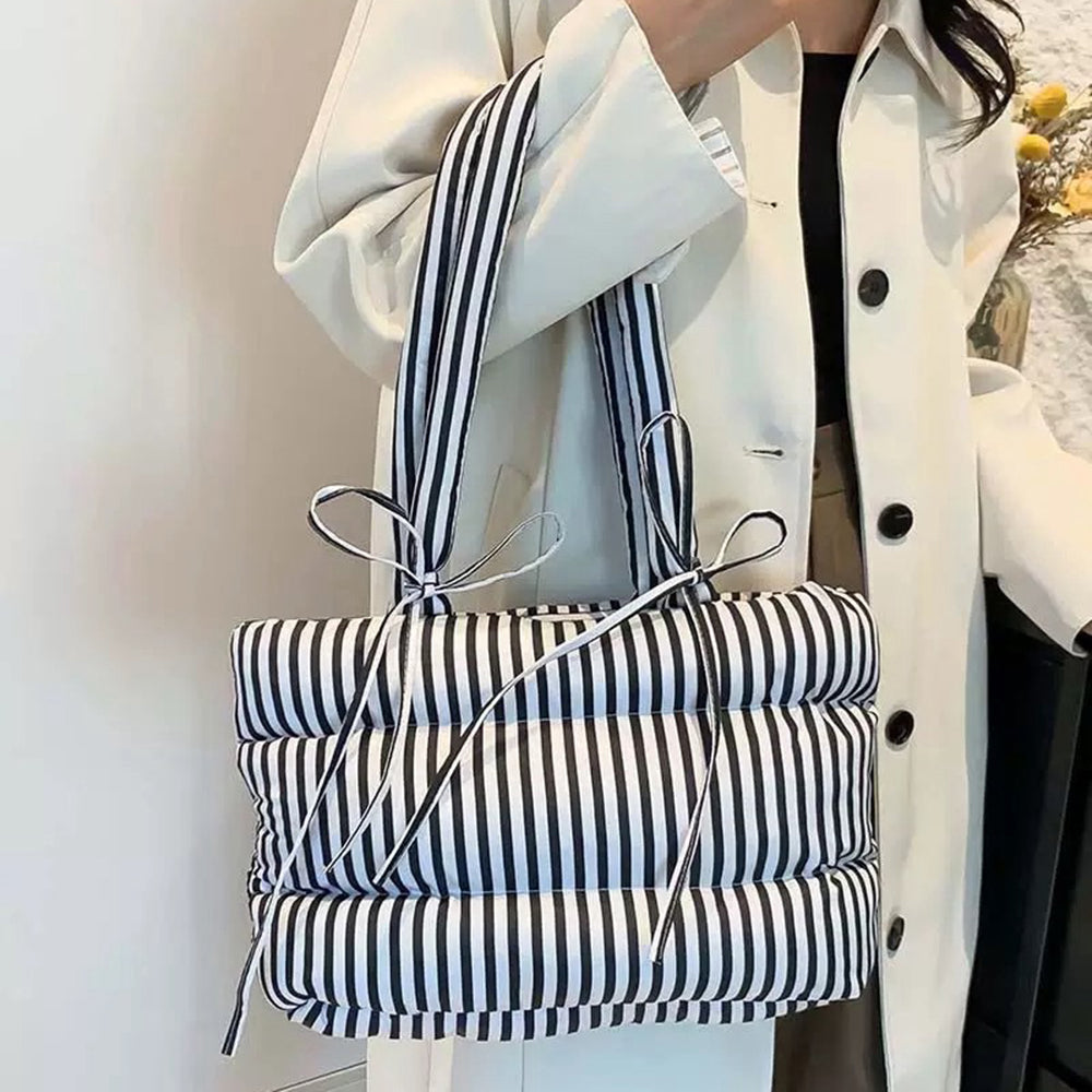 STRIPED PUFFER TOTE BAG WITH RIBBON BOWS