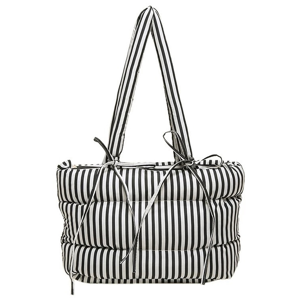 STRIPED PUFFER TOTE BAG WITH RIBBON BOWS