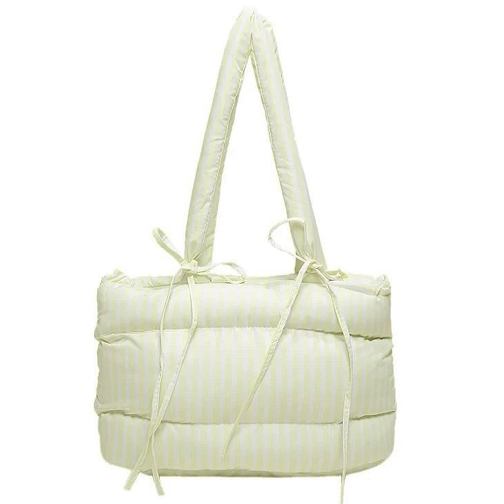 STRIPED PUFFER TOTE BAG WITH RIBBON BOWS