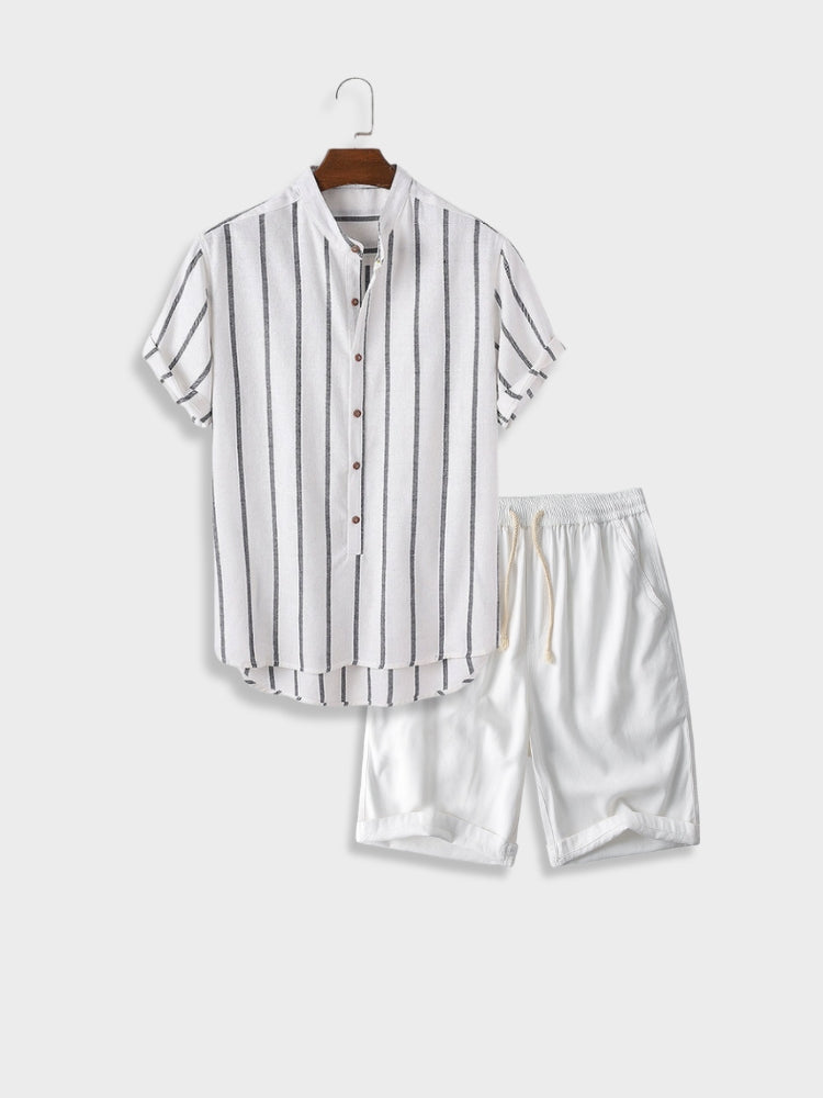 STRIPED SHIRT AND SHORTS SET FOR CASUAL OCCASION - LINEN BLEND SHORT SET