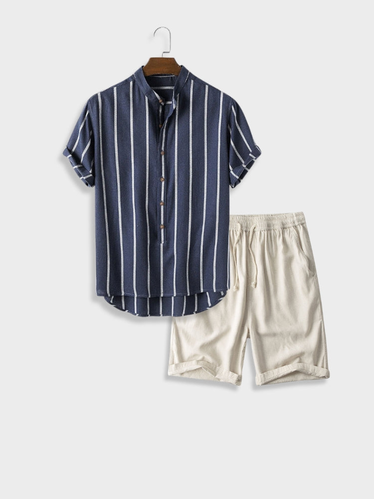 STRIPED SHIRT AND SHORTS SET FOR CASUAL OCCASION - LINEN BLEND SHORT SET