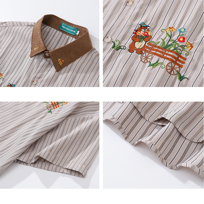 STRIPED SHIRT WITH FLORAL EMBROIDERY AND BROWN COLLAR FOR WOMEN