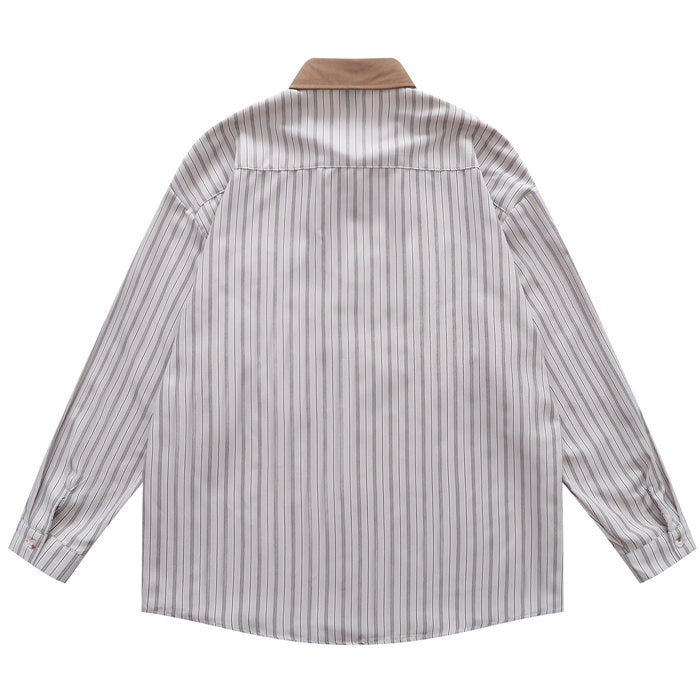 STRIPED SHIRT WITH FLORAL EMBROIDERY AND BROWN COLLAR FOR WOMEN