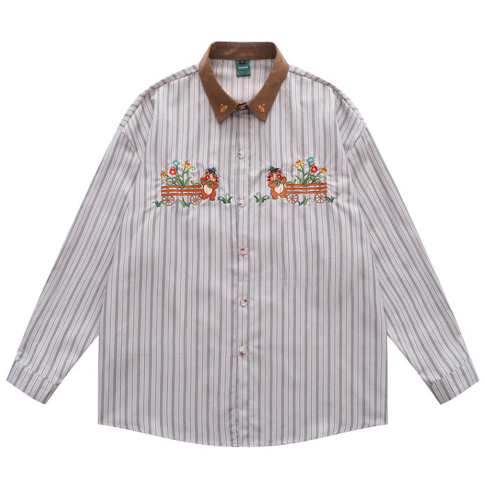 STRIPED SHIRT WITH FLORAL EMBROIDERY AND BROWN COLLAR FOR WOMEN