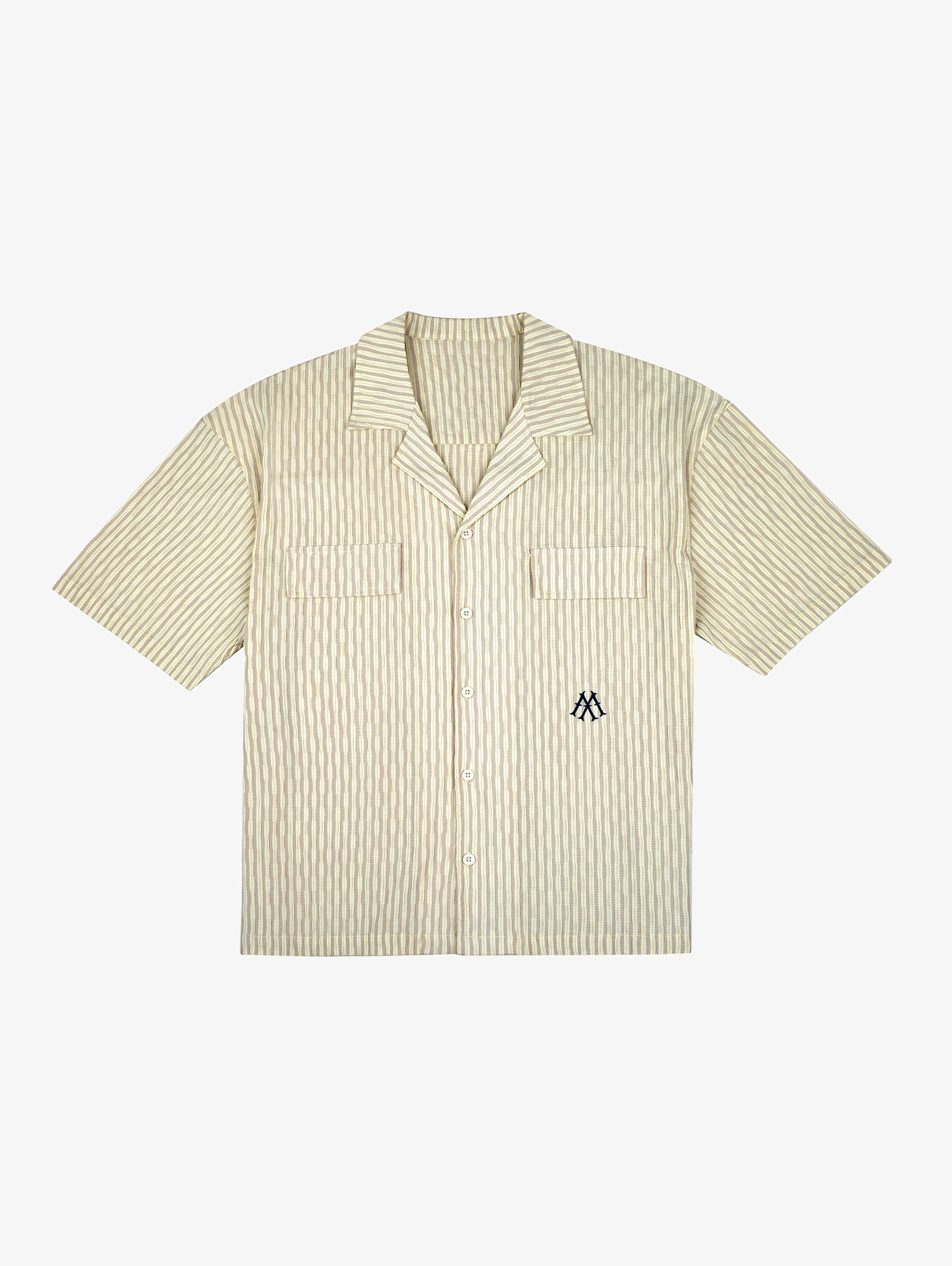 STRIPED SHORT-SLEEVED SHIRT IN YELLOW BEIGE COTTON SEERSUCKER
