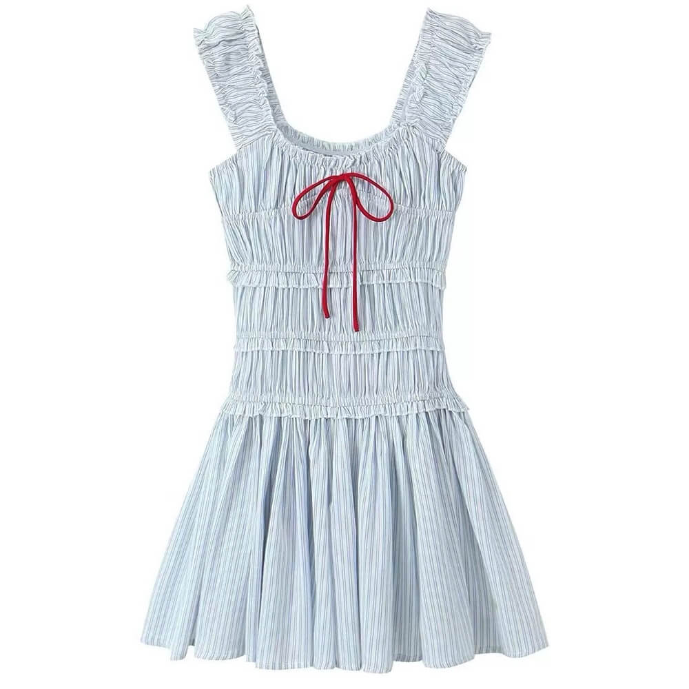 STRIPED SMOCKED MINI DRESS WITH RED TIE FOR CASUAL WEAR