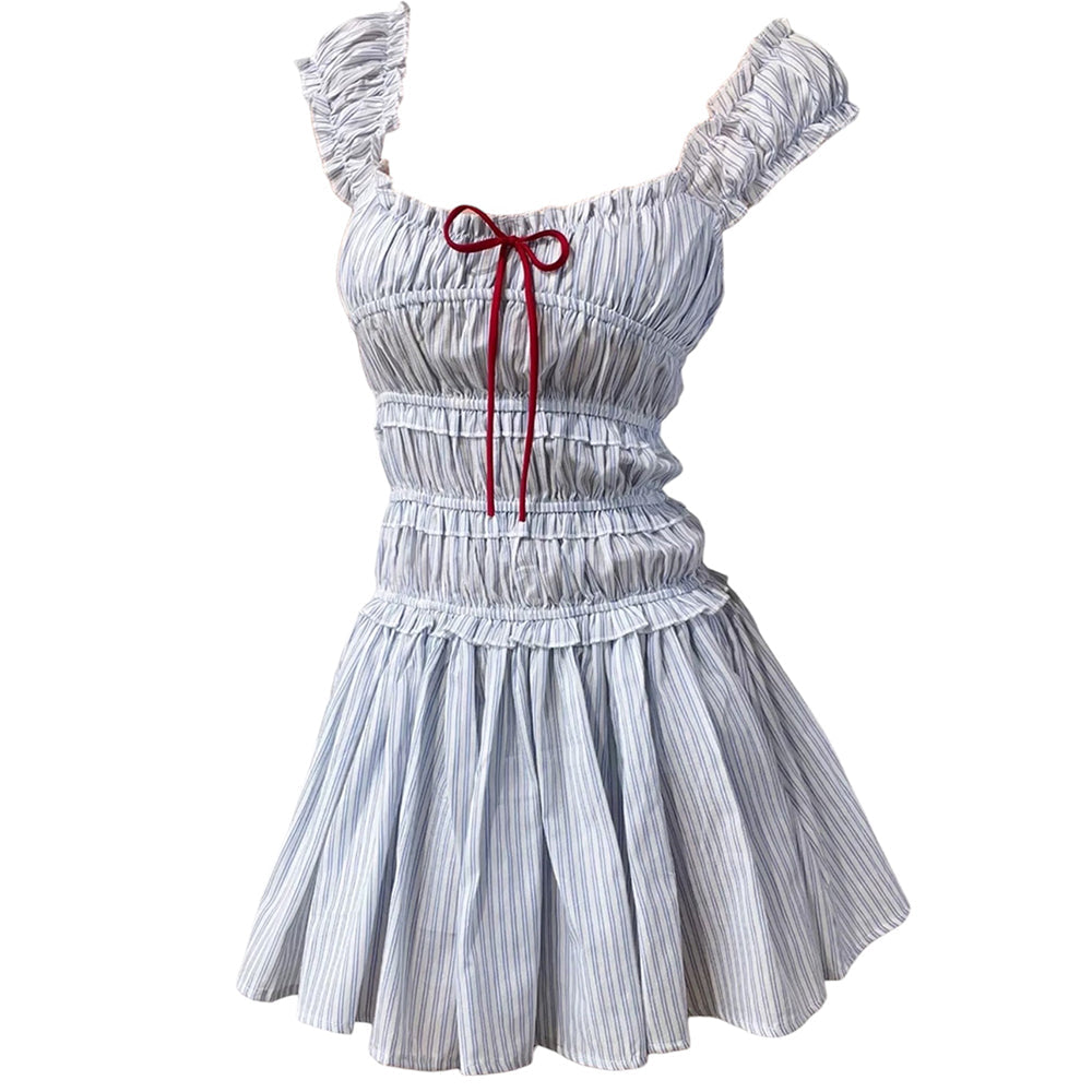 STRIPED SMOCKED MINI DRESS WITH RED TIE FOR CASUAL WEAR