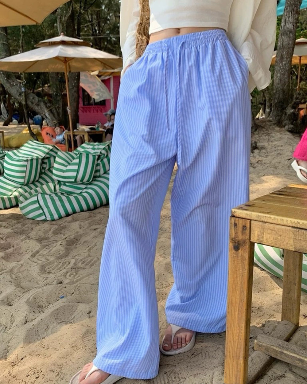 STRIPED WIDE-LEG PANTS: AZURE DRAWSTRING TROUSERS