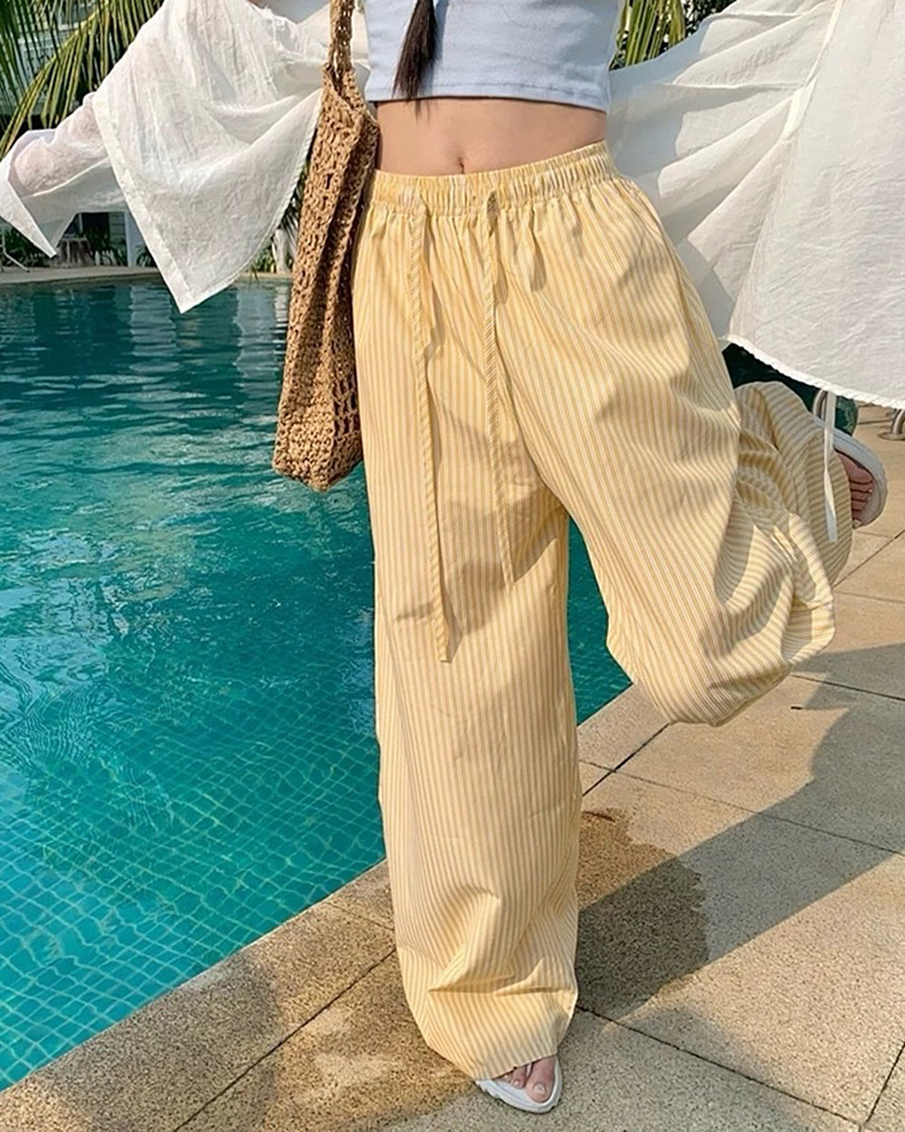 STRIPED WIDE-LEG PANTS: AZURE DRAWSTRING TROUSERS