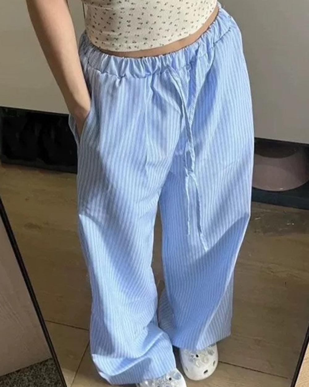 STRIPED WIDE-LEG PANTS: AZURE DRAWSTRING TROUSERS