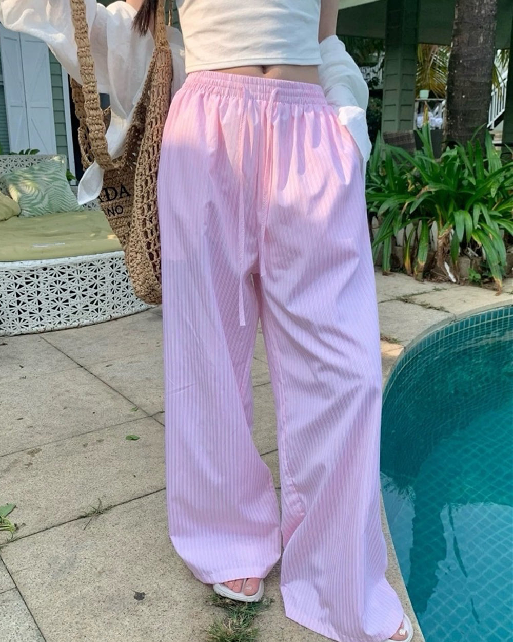 STRIPED WIDE-LEG PANTS: AZURE DRAWSTRING TROUSERS