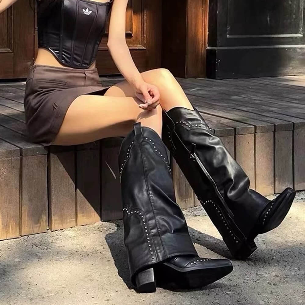 STUDDED BROWN LEATHER HIGH-LEG COWBOY BOOTS