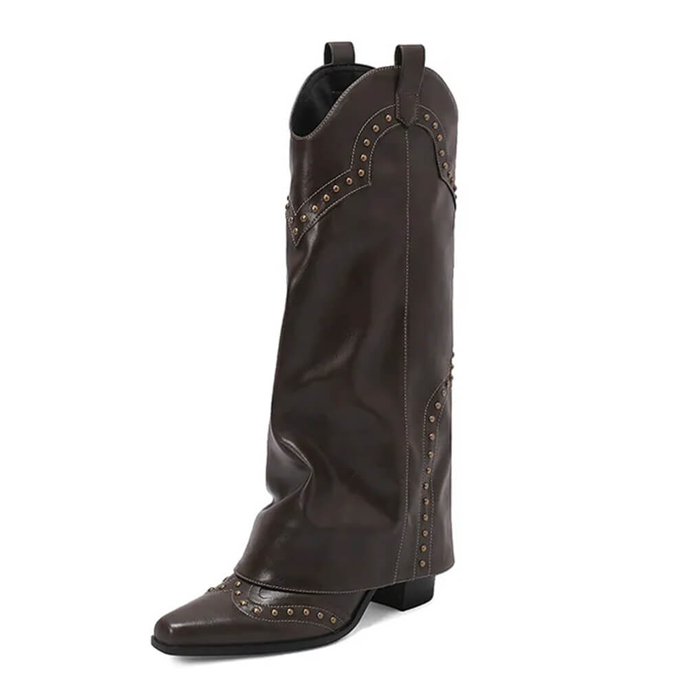 STUDDED BROWN LEATHER HIGH-LEG COWBOY BOOTS