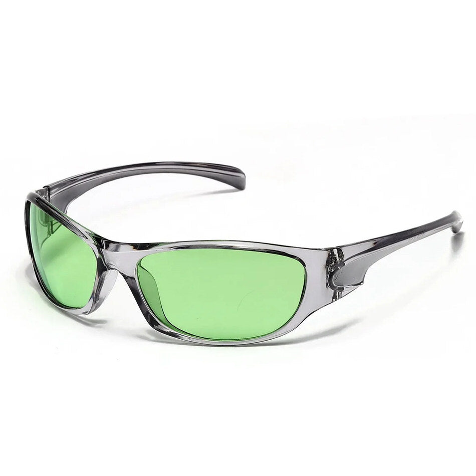 SUNGLASSES: GRAY FRAME GREEN LENS Y2K AESTHETIC SUNGLASSES