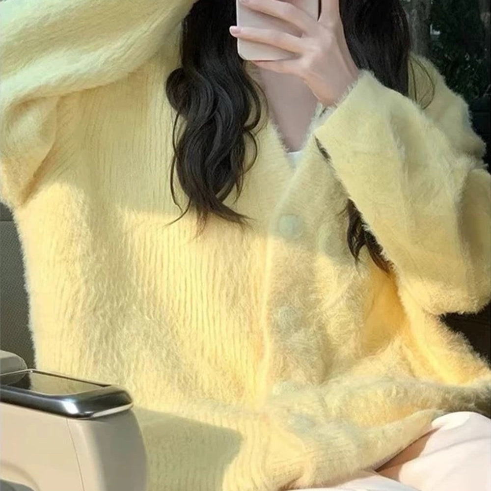 SUNNY DAYS CARDIGAN PASTEL YELLOW FUZZY CARDIGAN