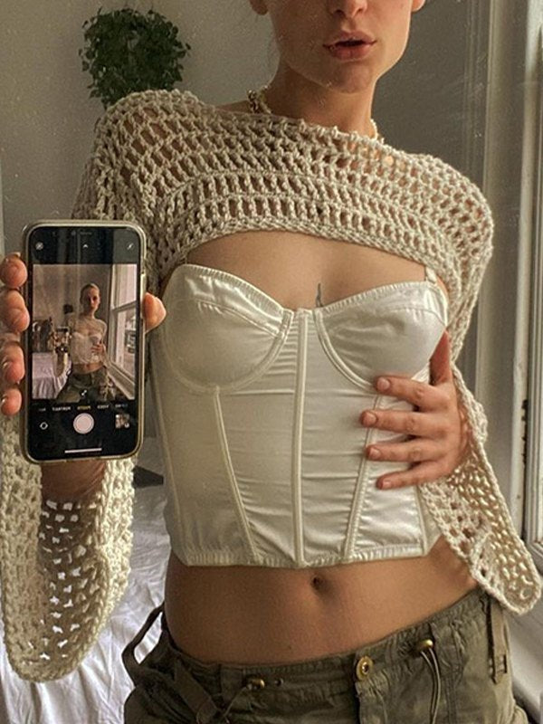 SUPER CROP BOLERO WITH CROCHETED DESIGN FOR WOMEN