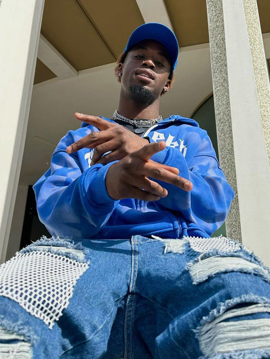 BLUE STAR-PATTERNED ZIP-UP HOODIE WITH STAR LETTER PRINT