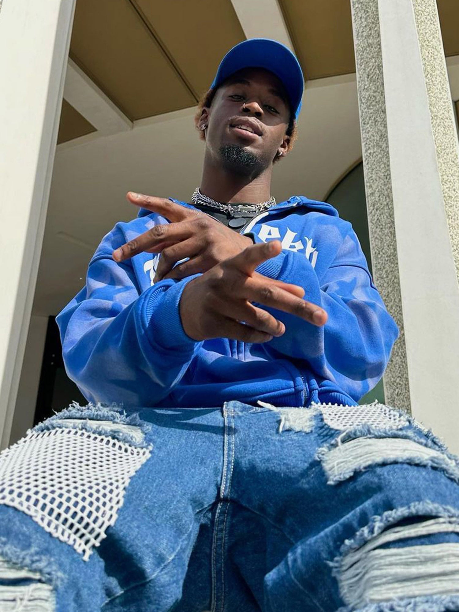 BLUE STAR-PATTERNED ZIP-UP HOODIE WITH STAR LETTER PRINT