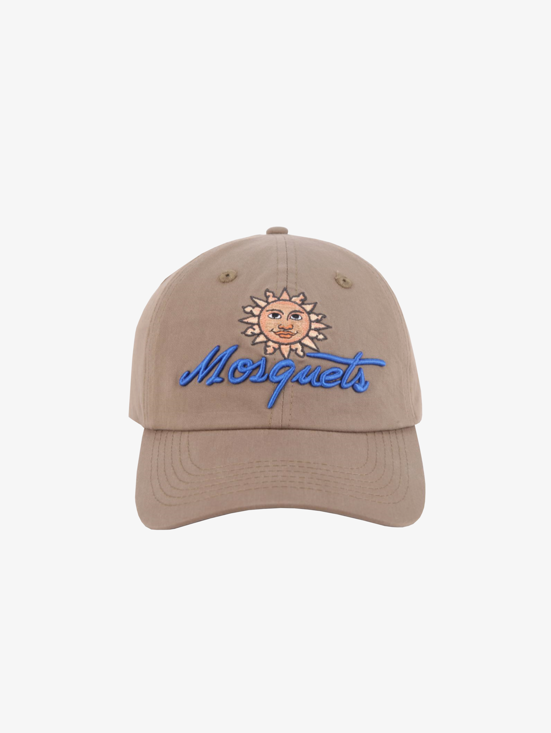 TAN BASEBALL CAP WITH SUN AND SCRIPT LEATHER SNAP CLOSURE