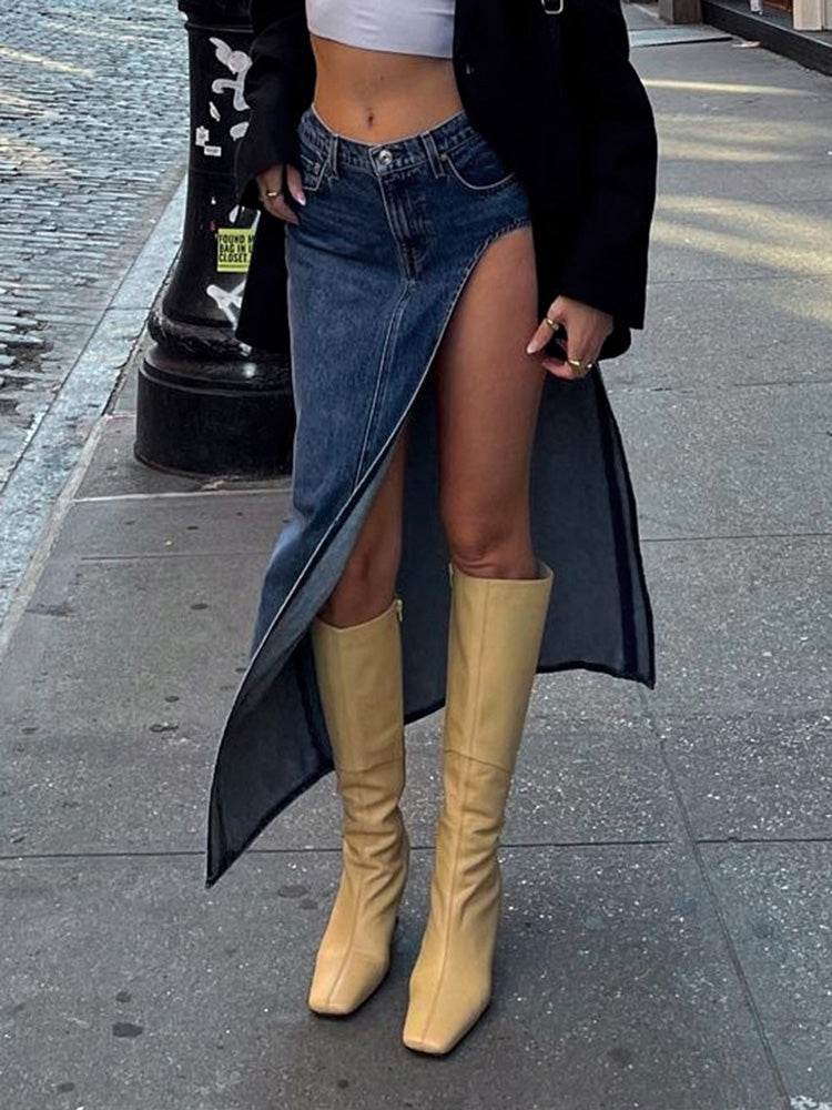 TAN KNEE-HIGH BOOTS WITH HIGH LEG SLIT DETAIL