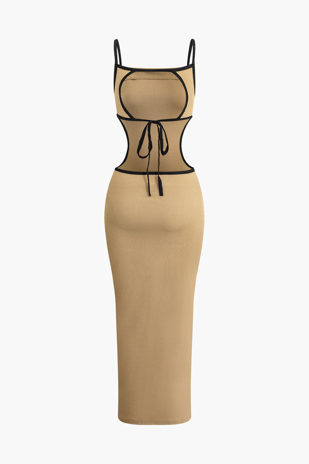 TAN RIBBED MIDI DRESS WITH BLACK TRIM FOR CASUAL OCCASIONS
