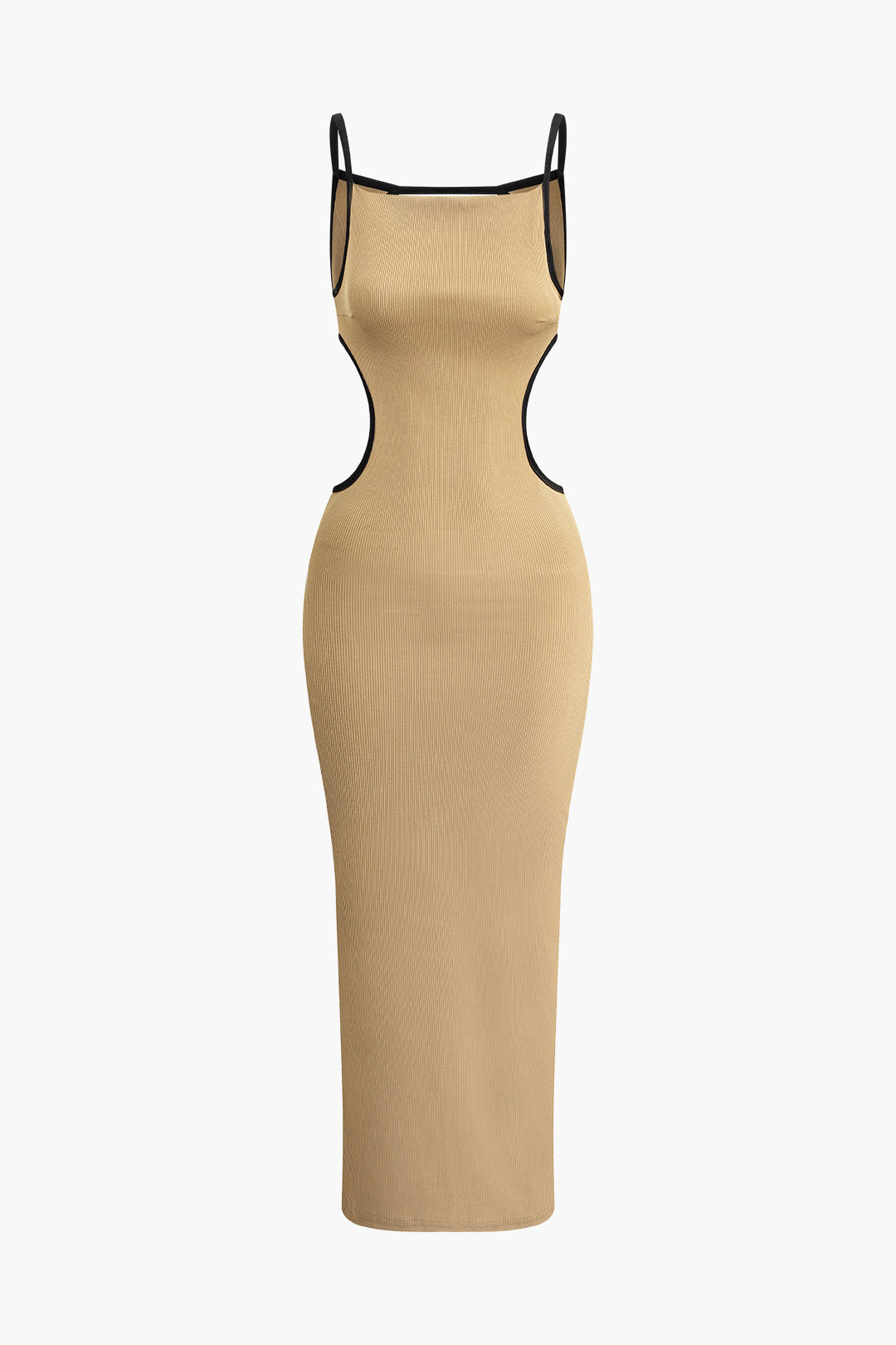 TAN RIBBED MIDI DRESS WITH BLACK TRIM FOR CASUAL OCCASIONS