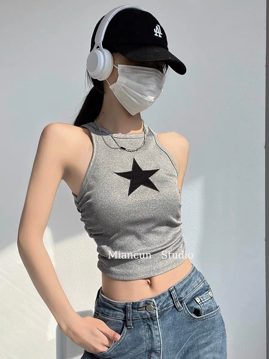 TANK TOP WITH BLACK STAR DESIGN Y2K STAR THEME