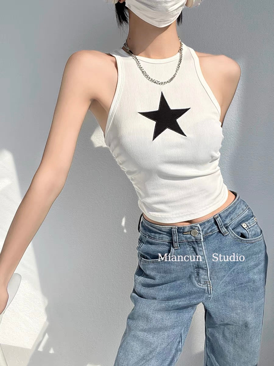 TANK TOP WITH BLACK STAR DESIGN Y2K STAR THEME
