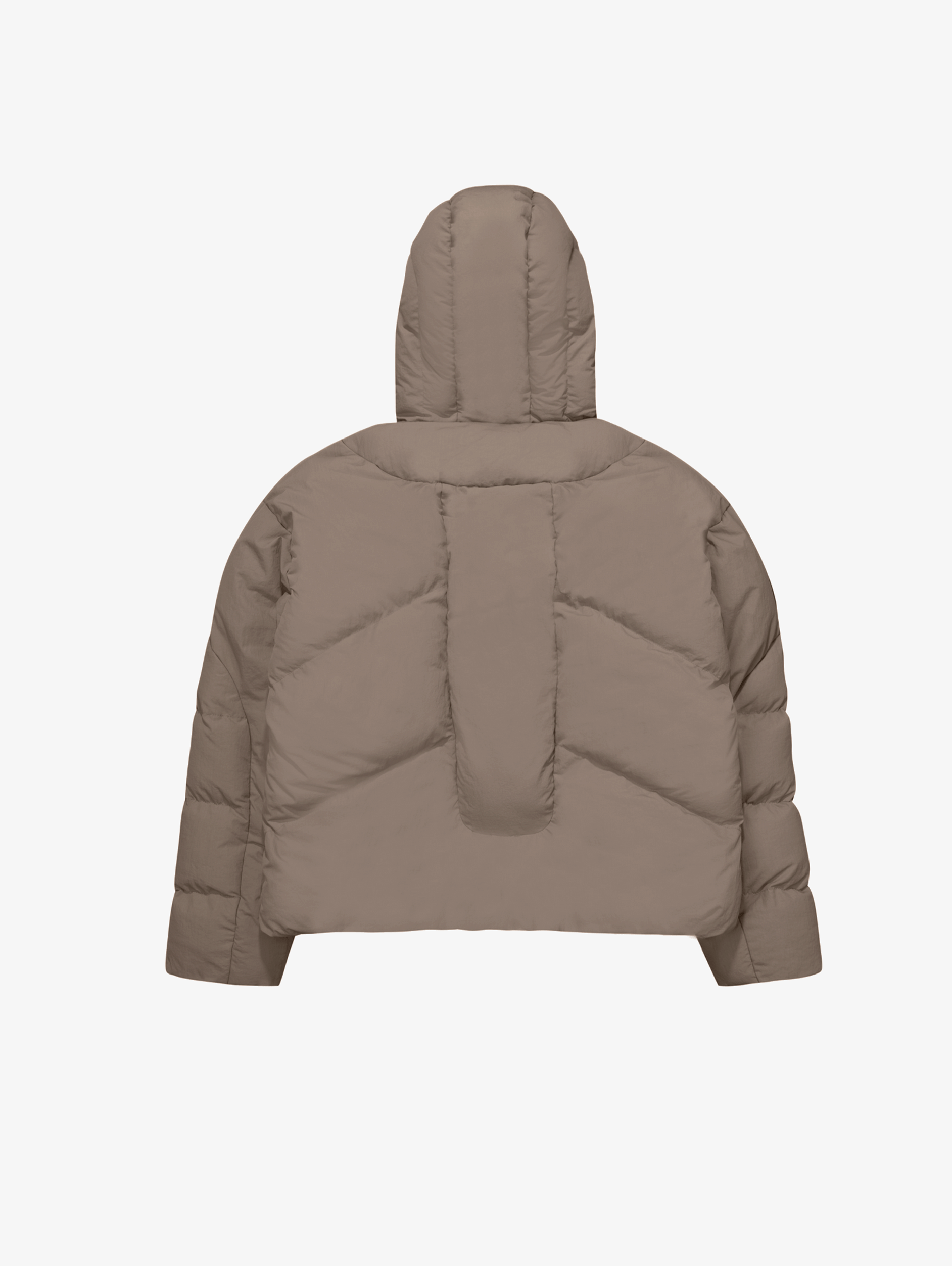 TAUPE HOODED PUFFER JACKET WITH OVERSIZED DROPPED SHOULDER DESIGN