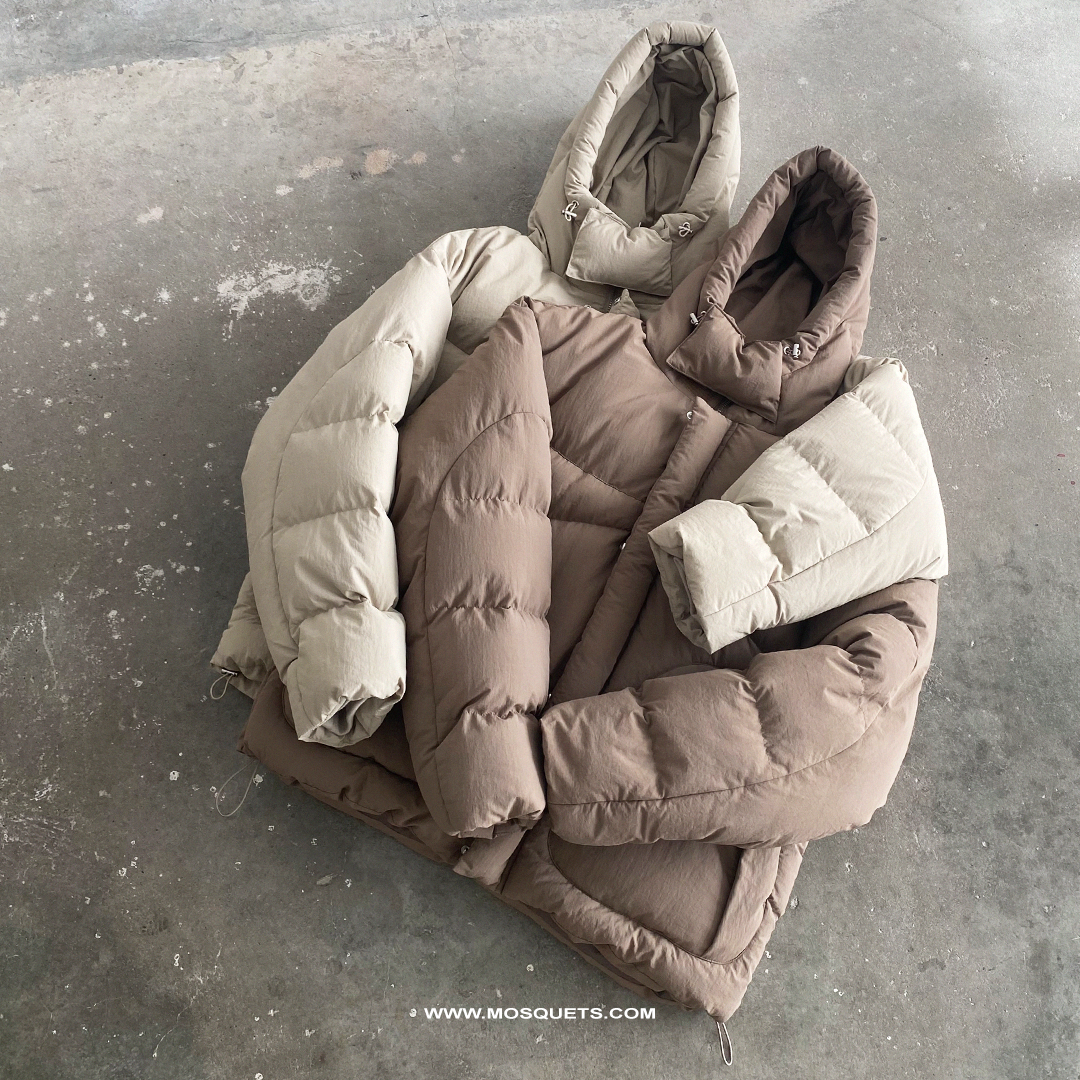 TAUPE HOODED PUFFER JACKET WITH OVERSIZED DROPPED SHOULDER DESIGN