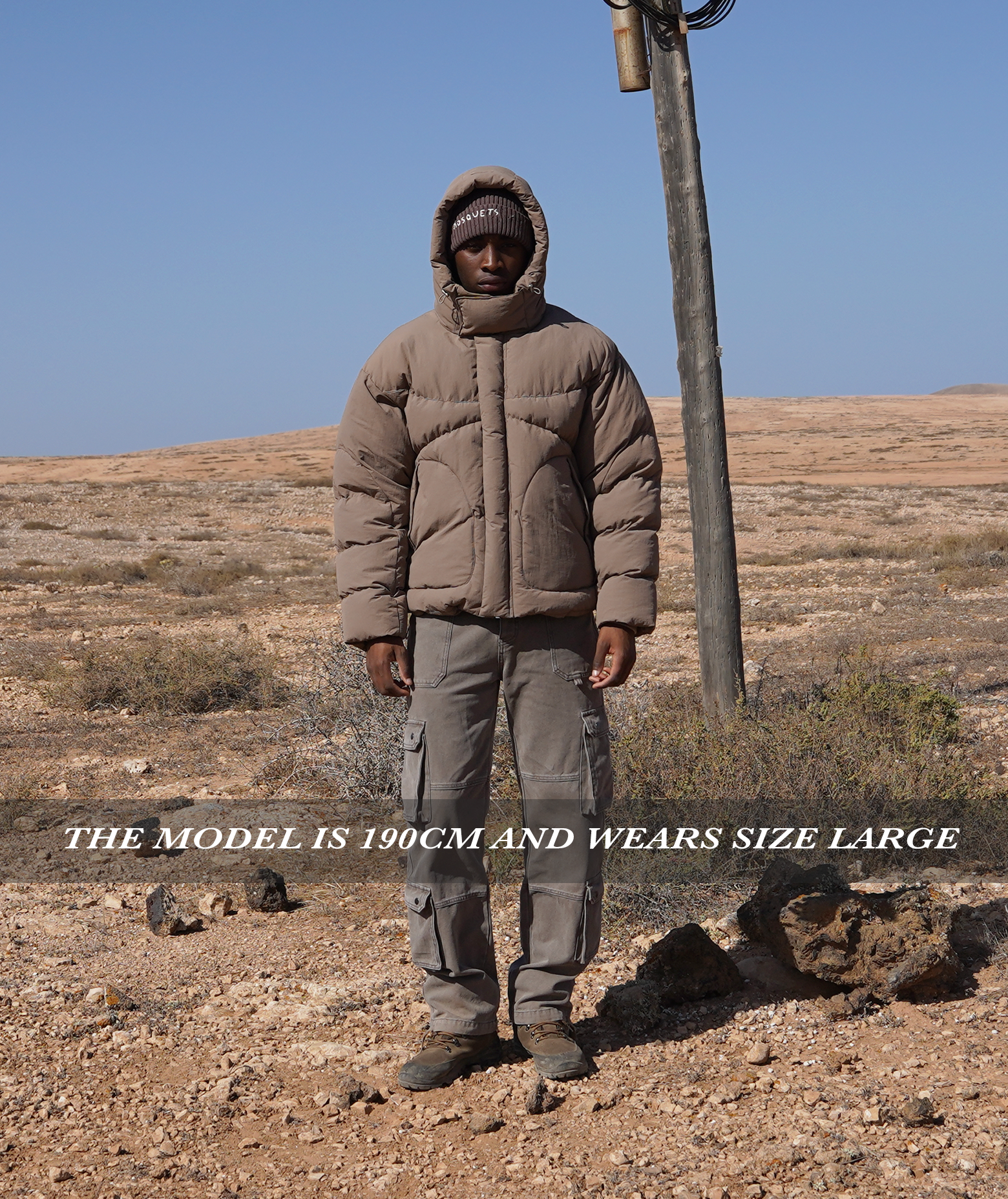 TAUPE HOODED PUFFER JACKET WITH OVERSIZED DROPPED SHOULDER DESIGN