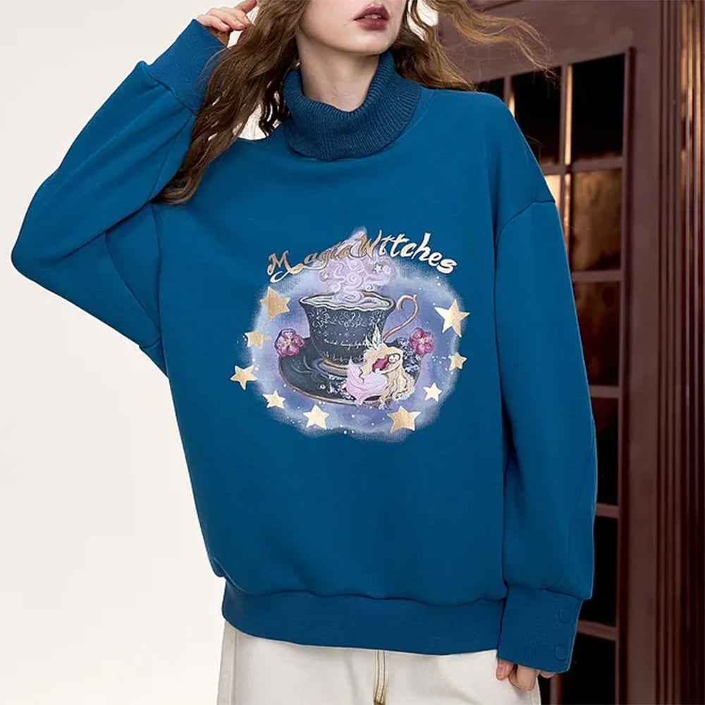 TEAL MAGICAL WITCHES SWEATSHIRT WITCHES PRINT PULLOVER