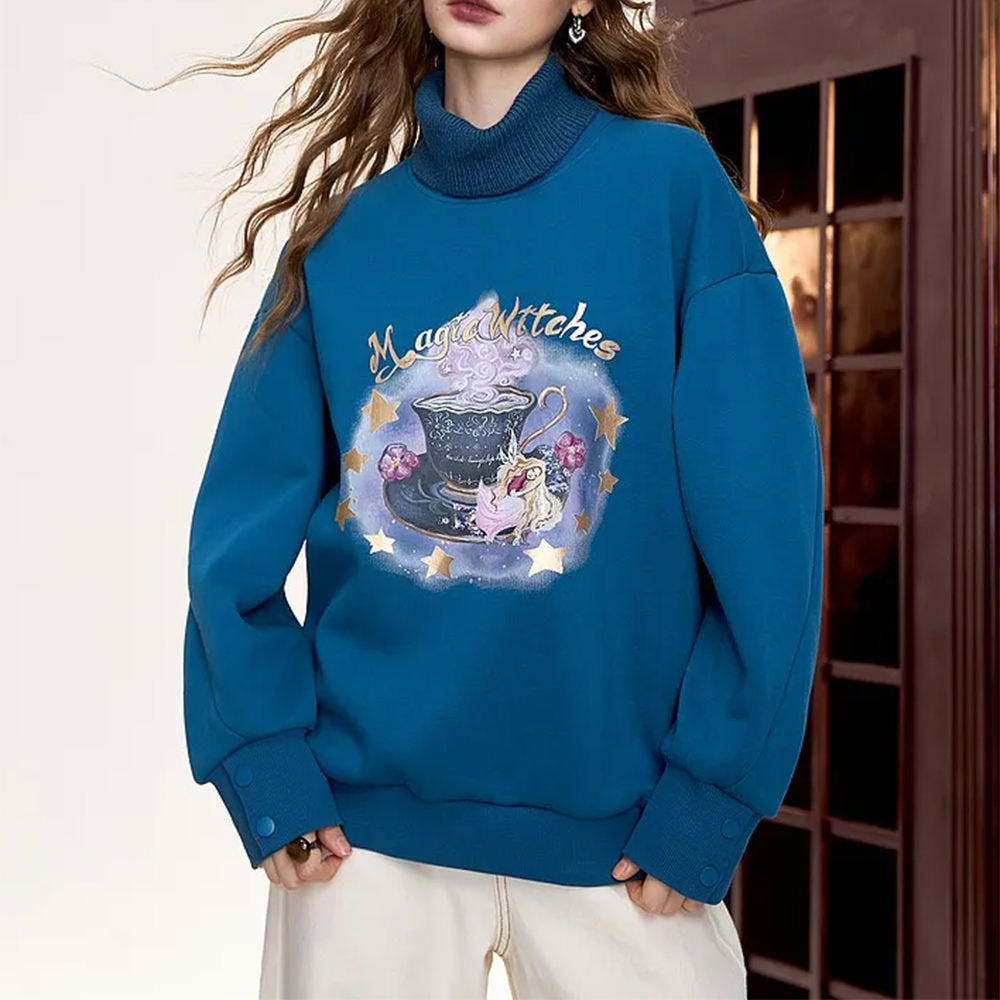 TEAL MAGICAL WITCHES SWEATSHIRT WITCHES PRINT PULLOVER