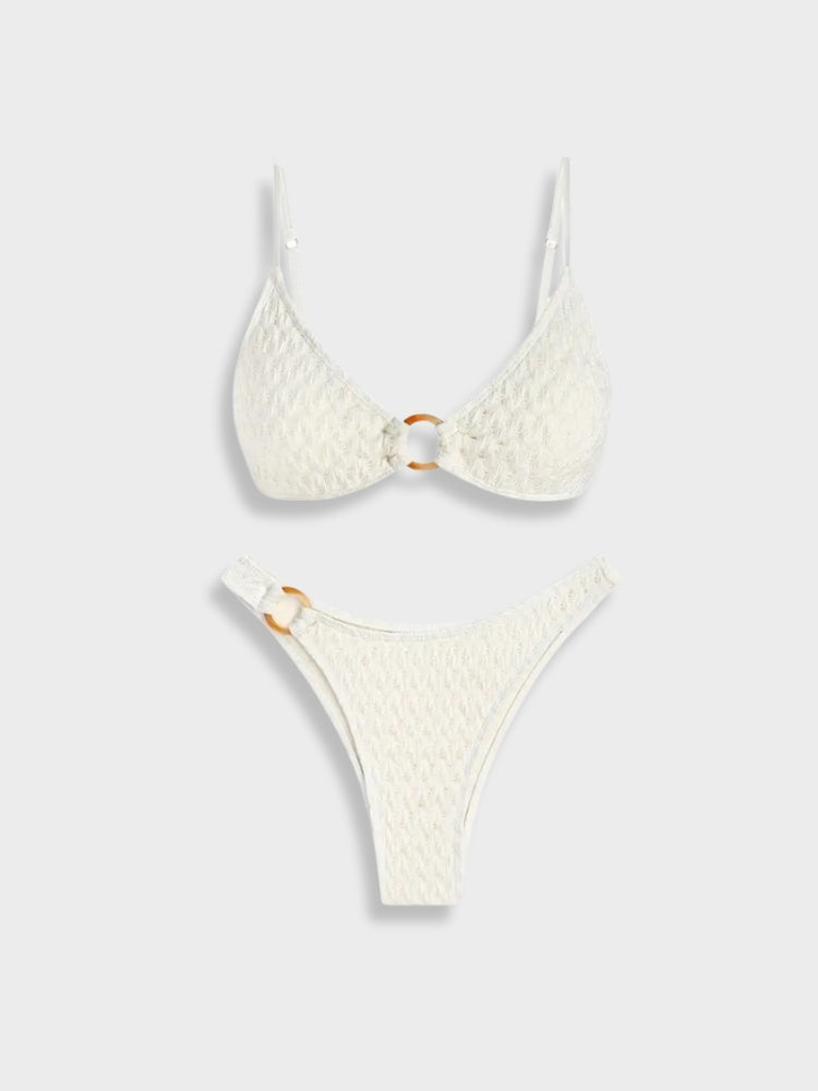 TEXTURED WHITE BIKINI WITH RING ACCENTS IN COMFORTABLE STRETCH FABRIC