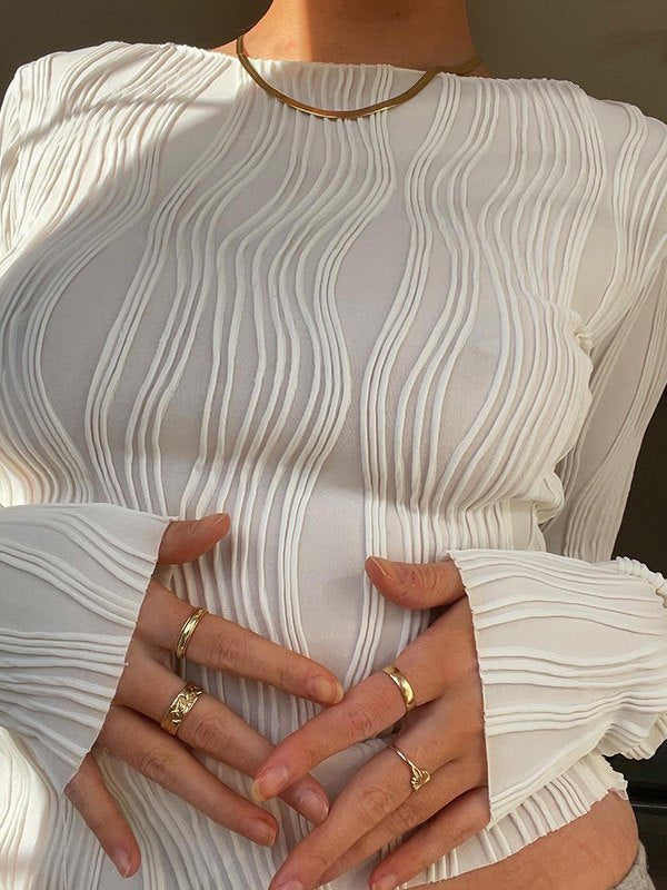 TEXTURED WHITE LONG SLEEVE TOP - WHITE LONG SLEEVE ESSENTIAL