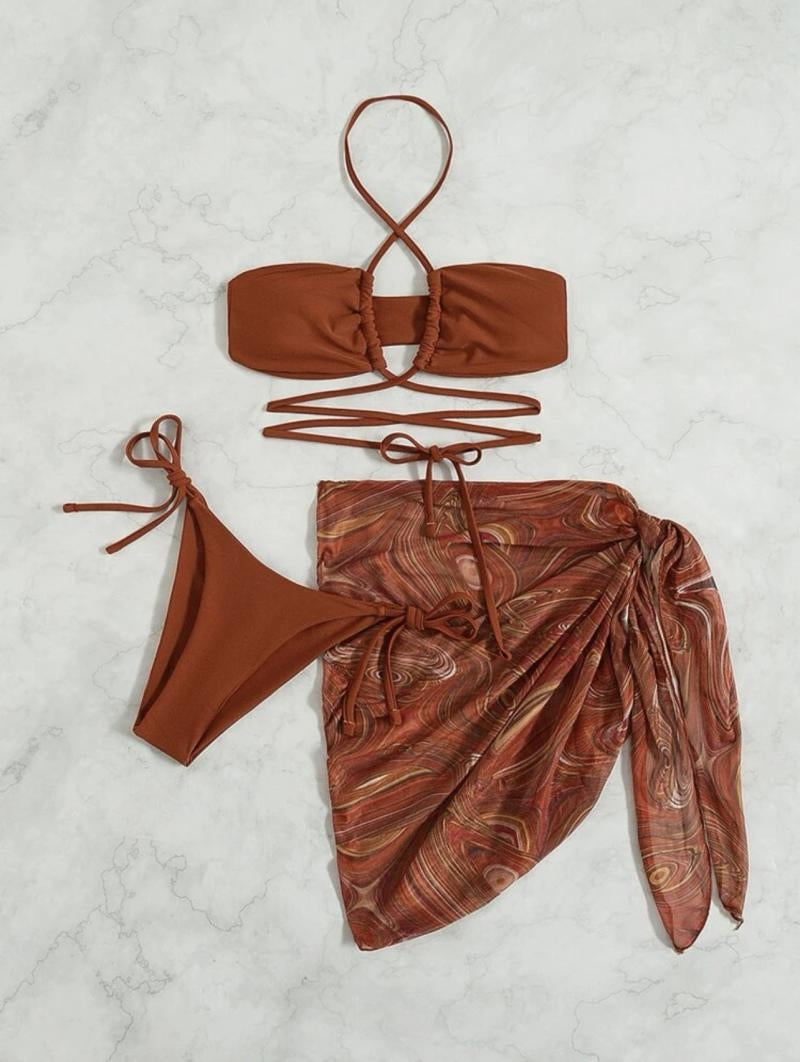 THREE-PIECE BIKINI SWIMSUIT WITH CROSS DESIGN AND LACE DETAILS