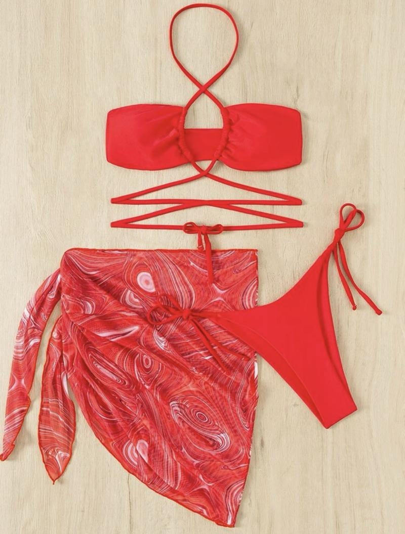 THREE-PIECE BIKINI SWIMSUIT WITH CROSS DESIGN AND LACE DETAILS