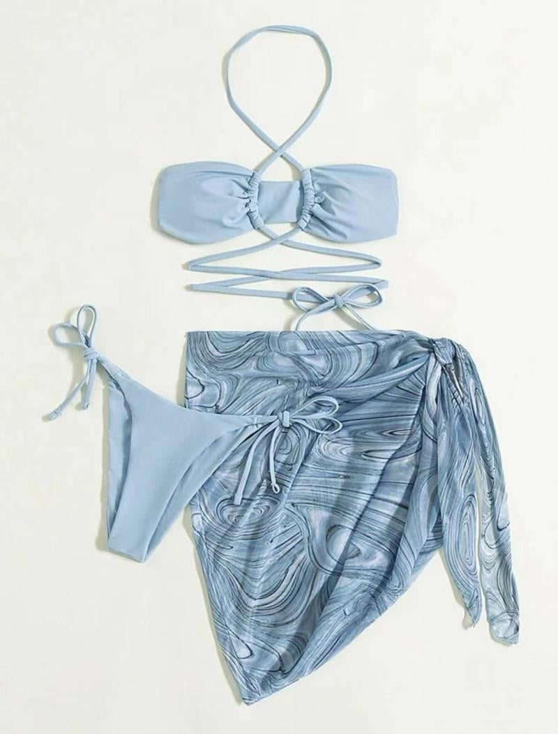 THREE-PIECE BIKINI SWIMSUIT WITH CROSS DESIGN AND LACE DETAILS