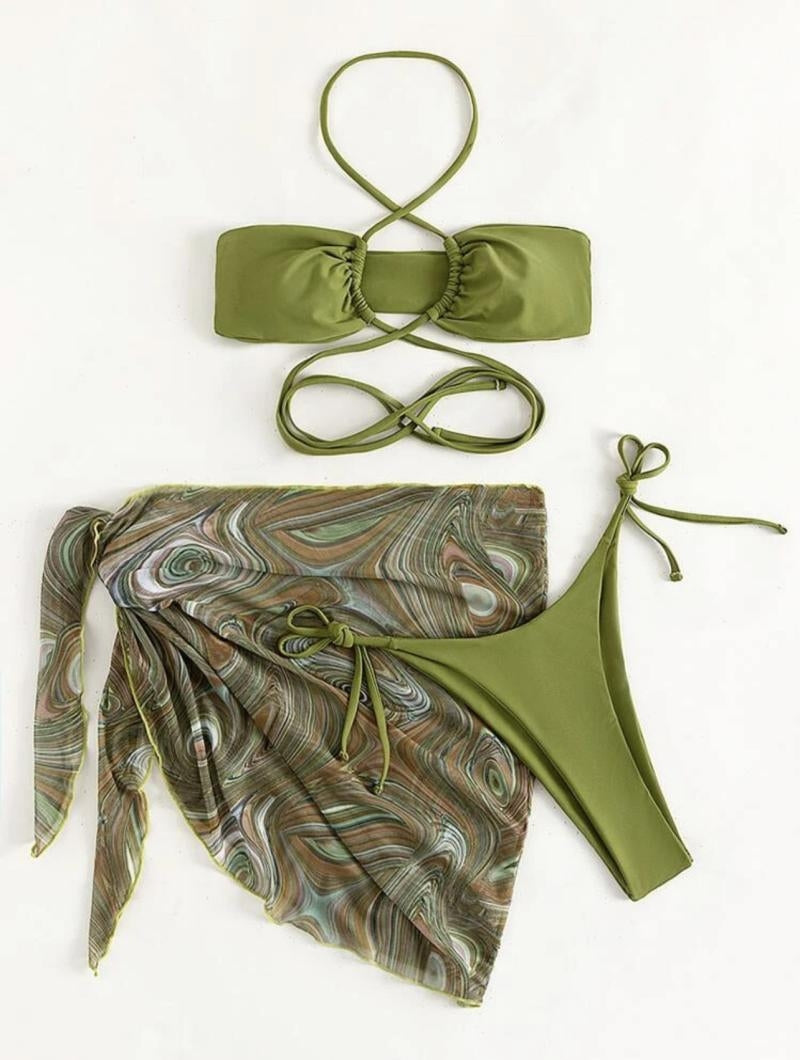 THREE-PIECE BIKINI SWIMSUIT WITH CROSS DESIGN AND LACE DETAILS