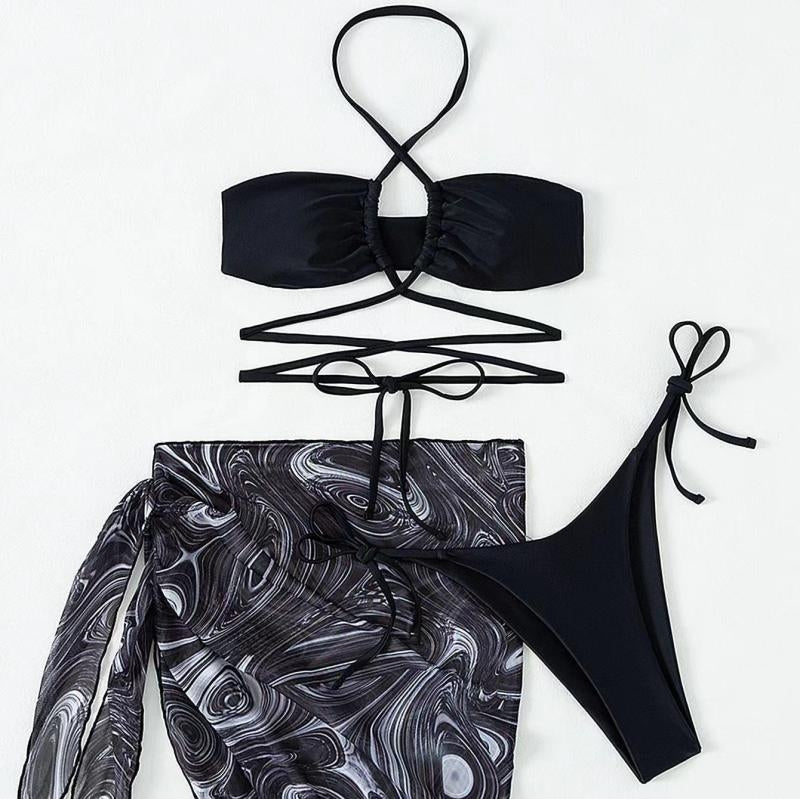 THREE-PIECE OLIVE GREEN HALTER MICRO BIKINI WITH PADDED CUPS AND ADJUSTABLE TIES