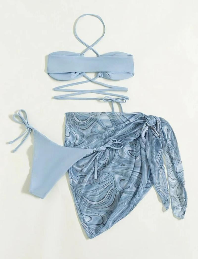 THREE-PIECE OLIVE GREEN HALTER MICRO BIKINI WITH PADDED CUPS AND ADJUSTABLE TIES