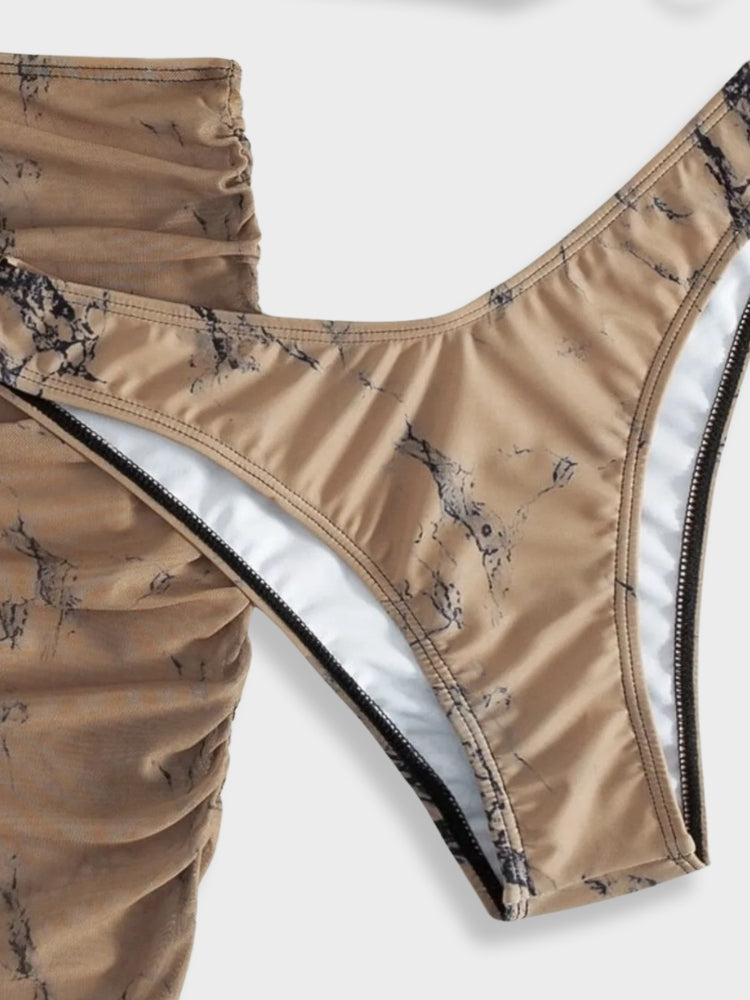 THREE-PIECE SWIMSUIT SET - TAN AND BLACK BIKINI SET WITH MATCHING SKIRT